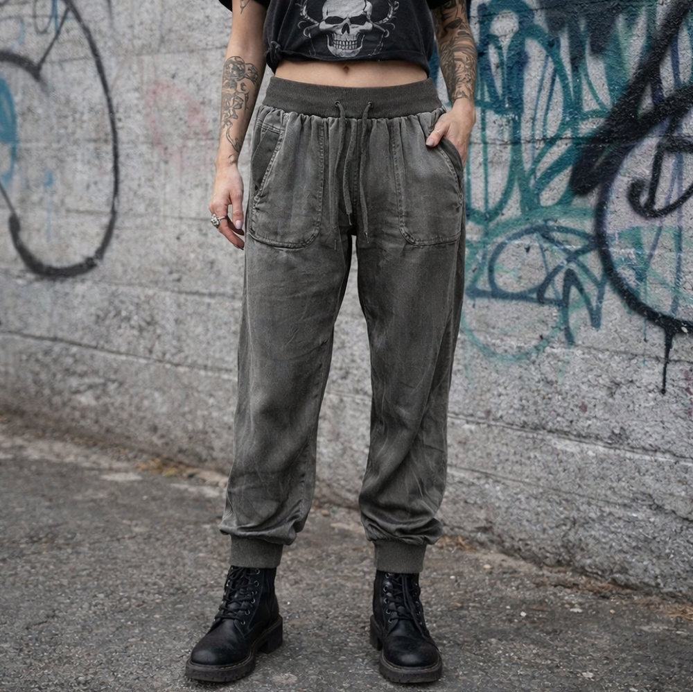 MARRAKECH Anthropologie Gunmetal Metallic Gray Joggers Small Satin Feel Grunge